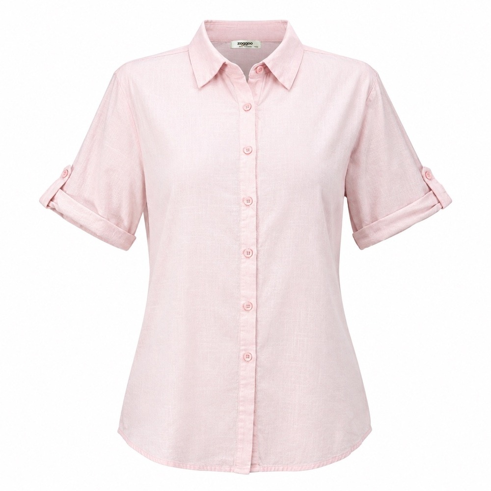 Feminine Womens XXL Pink Short Sleeve Button Down Shirt Cotton Blend Beach Top
